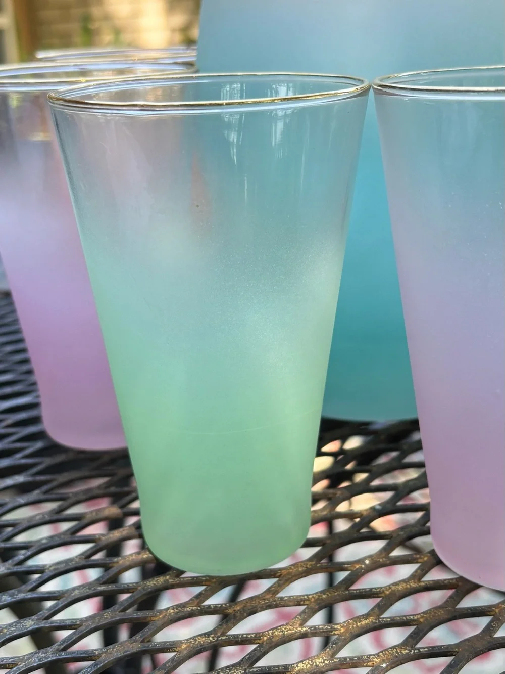 Vintage Ombre Glass Pitcher and 6-Tumbler Set with Gold Trim - Blue/Pink/Green
